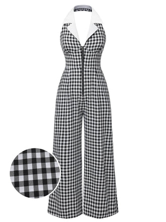Schwarz Weiß 1940er Plaid Revers Halter Jumpsuit
