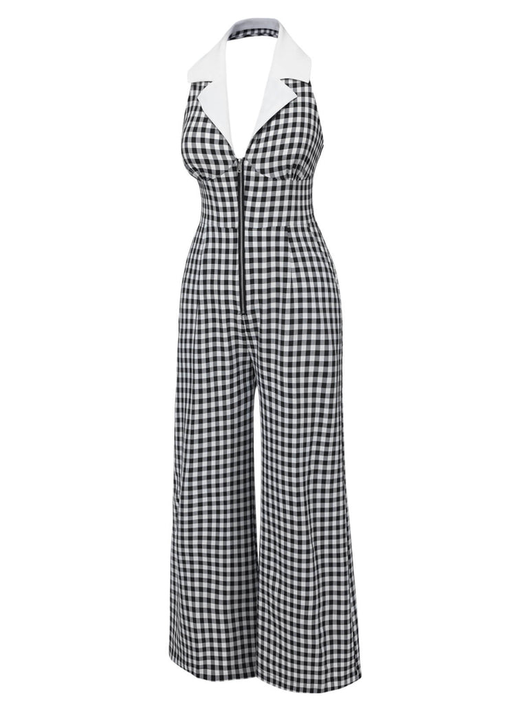 Schwarz Weiß 1940er Plaid Revers Halter Jumpsuit