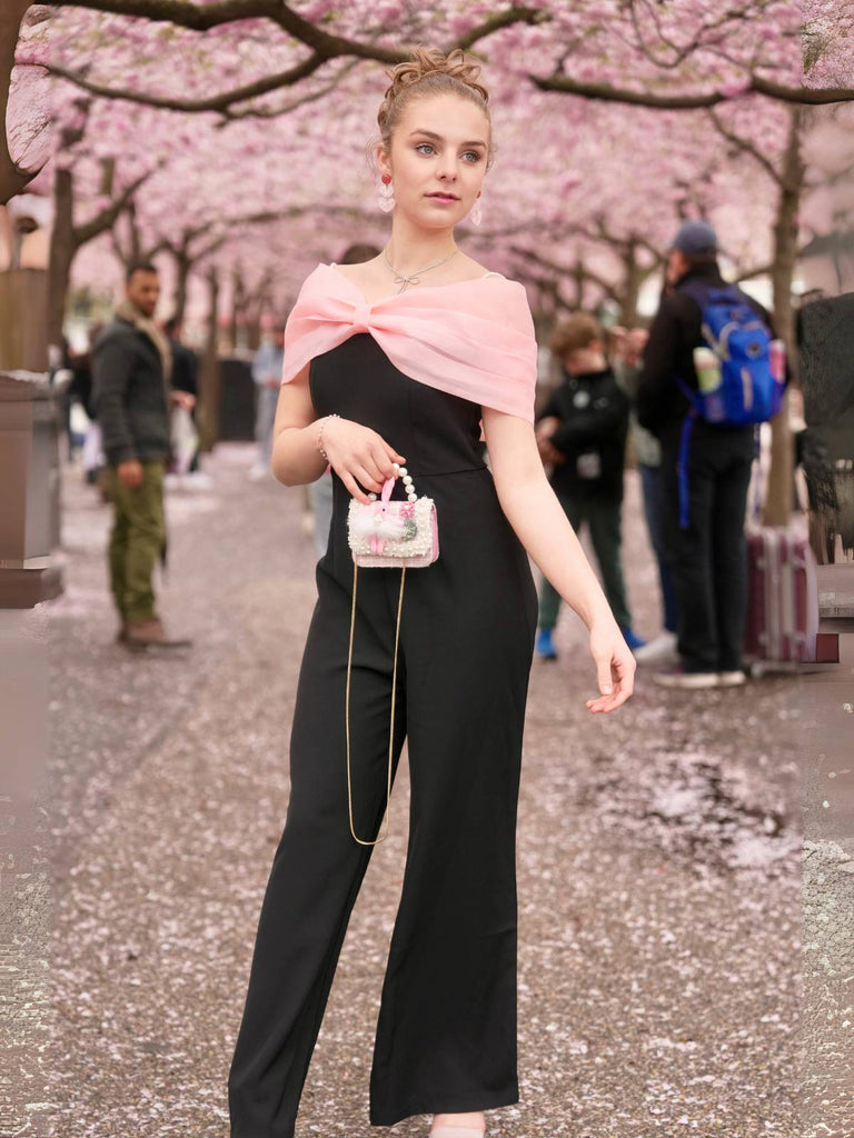 Schwarz 1930er Solide Masche Bogen Jumpsuit