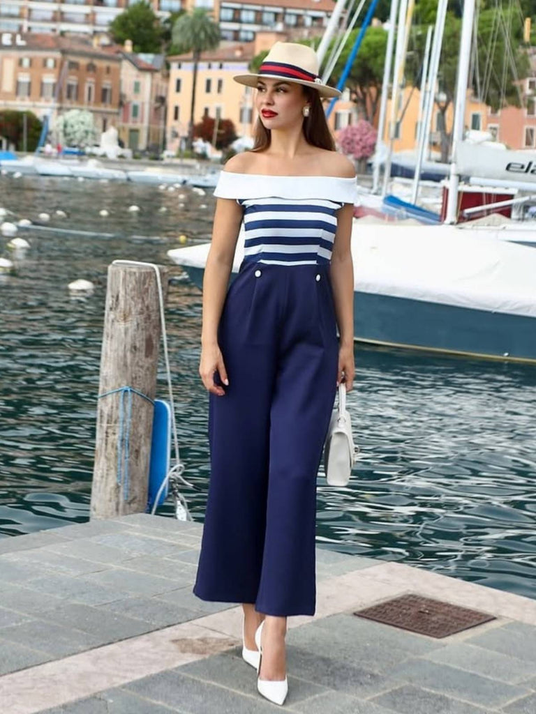 Dunkelblau 1930er Gestreifter Schulterfreier Jumpsuit