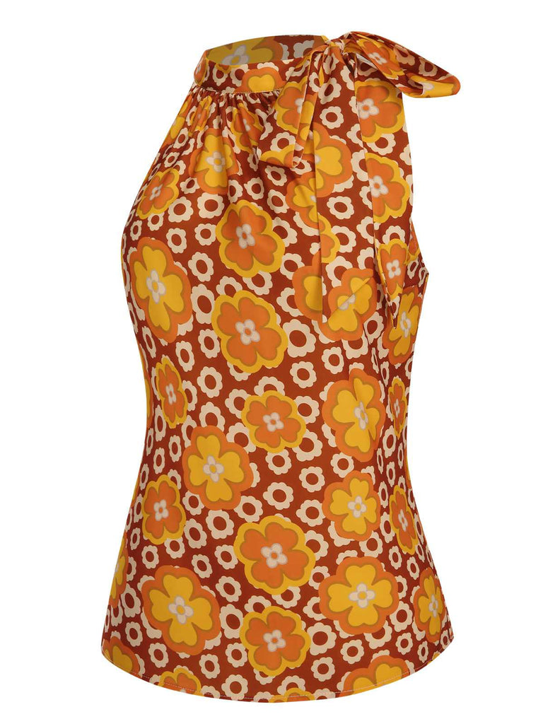 Orange Rot 1960er Krawattenkragen Blumen Ärmellos Top