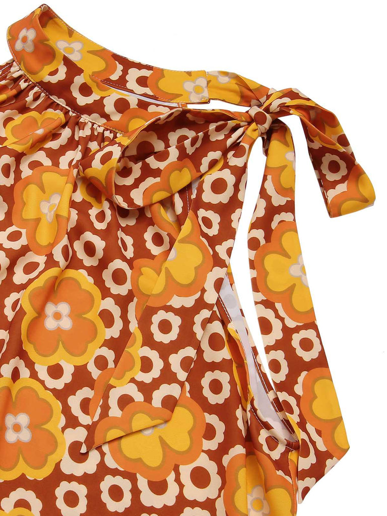 Orange Rot 1960er Krawattenkragen Blumen Ärmellos Top