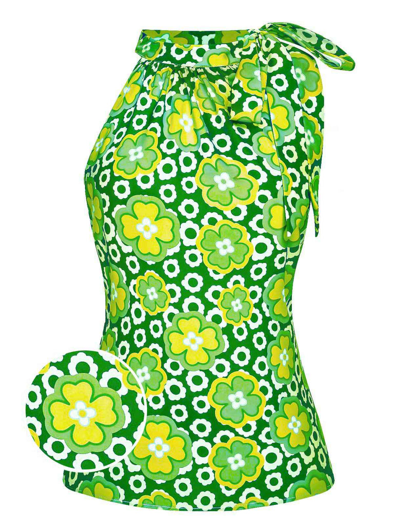 Orange Rot 1960er Krawattenkragen Blumen Ärmellos Top