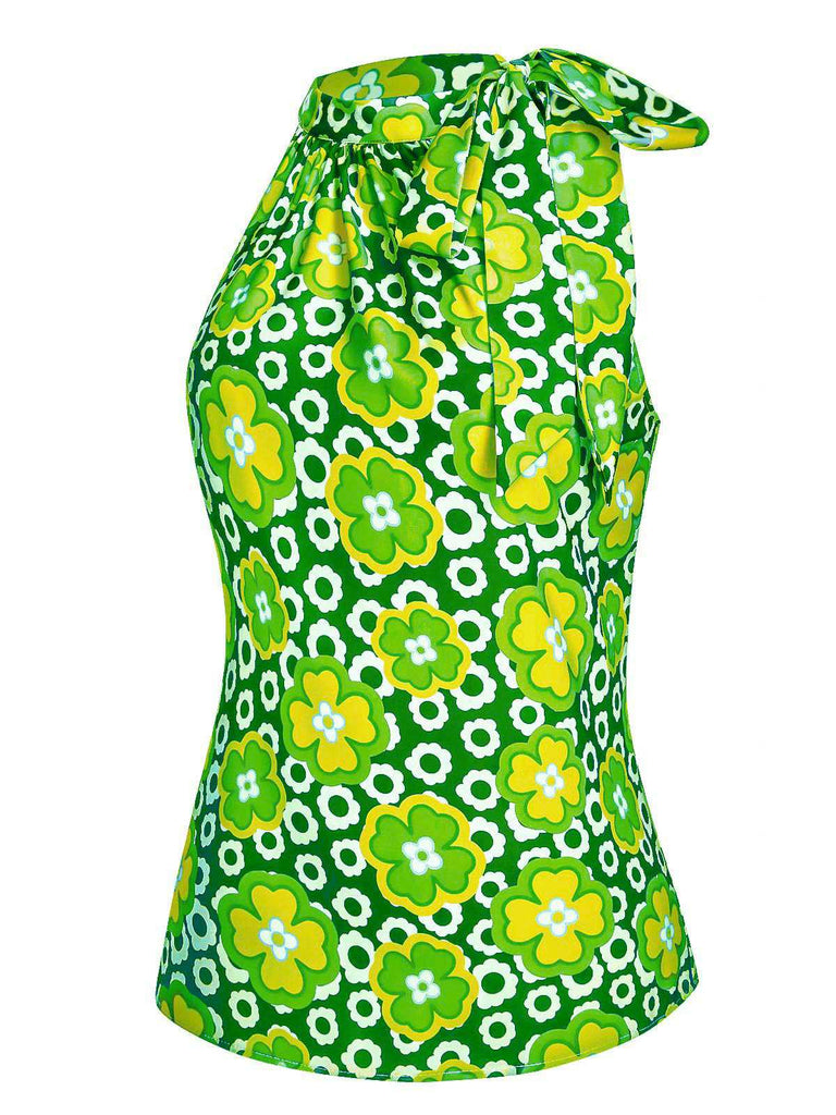 Orange Rot 1960er Krawattenkragen Blumen Ärmellos Top