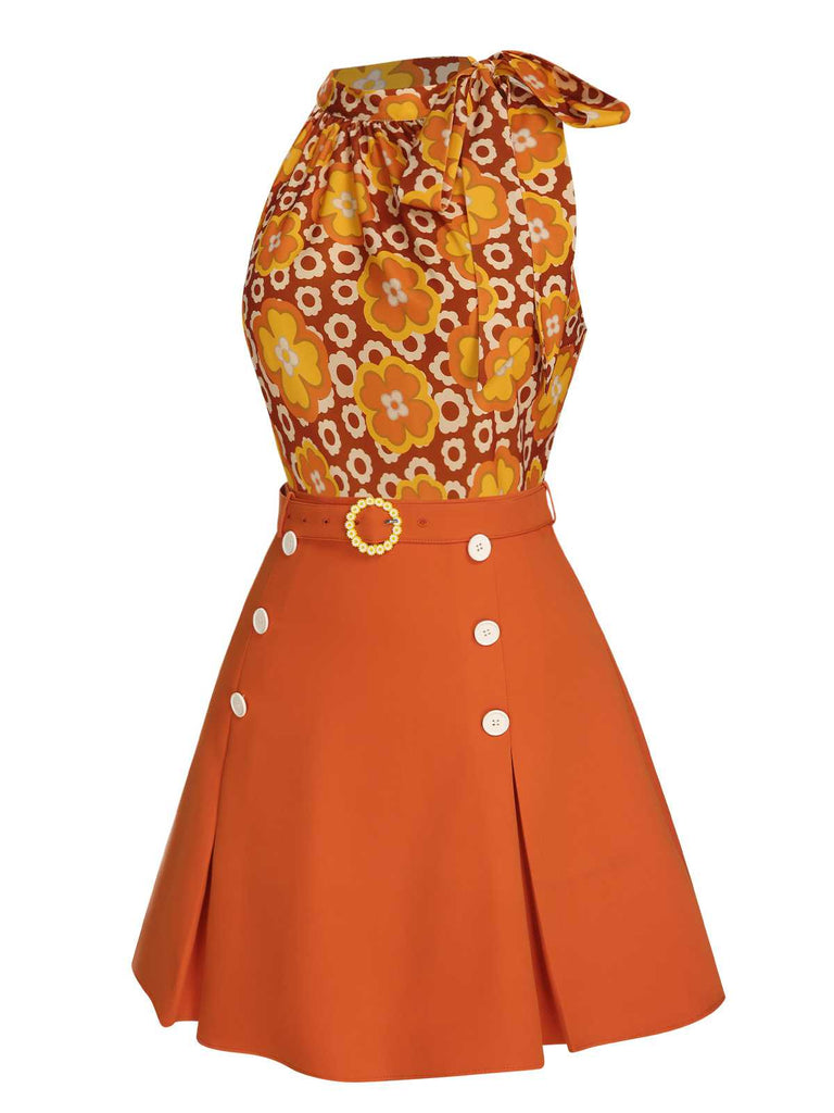 2PCS 1960er Krawattenkragen Blumen Top & Knöpfen Solide Rock