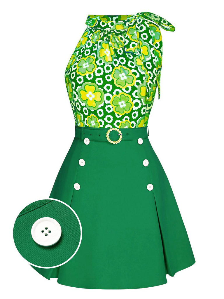 2PCS 1960er Krawattenkragen Blumen Top & Knöpfen Solide Rock