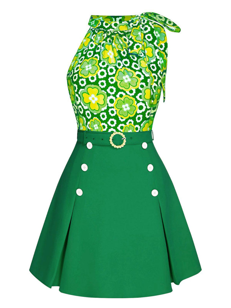 2PCS 1960er Krawattenkragen Blumen Top & Knöpfen Solide Rock