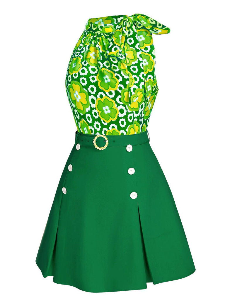 2PCS 1960er Krawattenkragen Blumen Top & Knöpfen Solide Rock