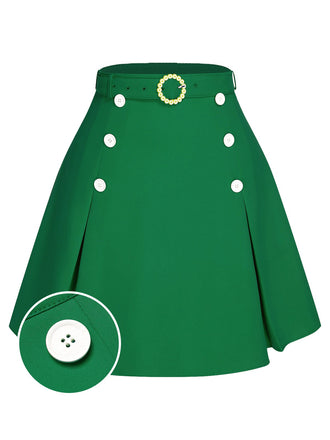 Grün 1960er Solide Knöpfen Rock mit Gürtel