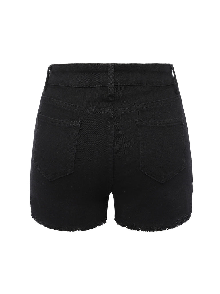 Schwarz 1960er Solide Knöpfen Jeansshorts