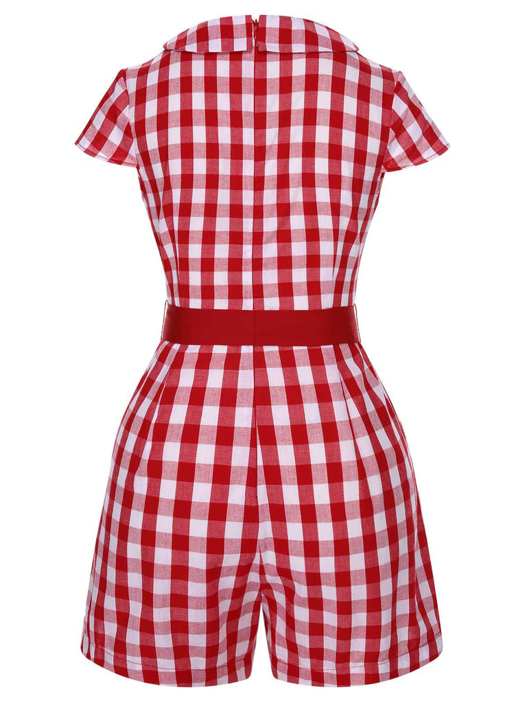 Rot 1940er Revers Plaids Romper mit Gürtel