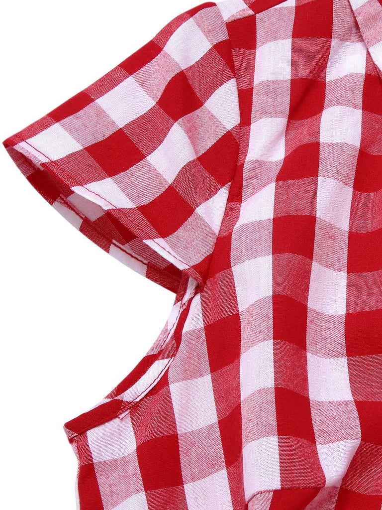 Rot 1940er Revers Plaids Romper mit Gürtel