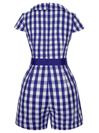 Blau 1940er Revers Plaids Romper mit Gürtel