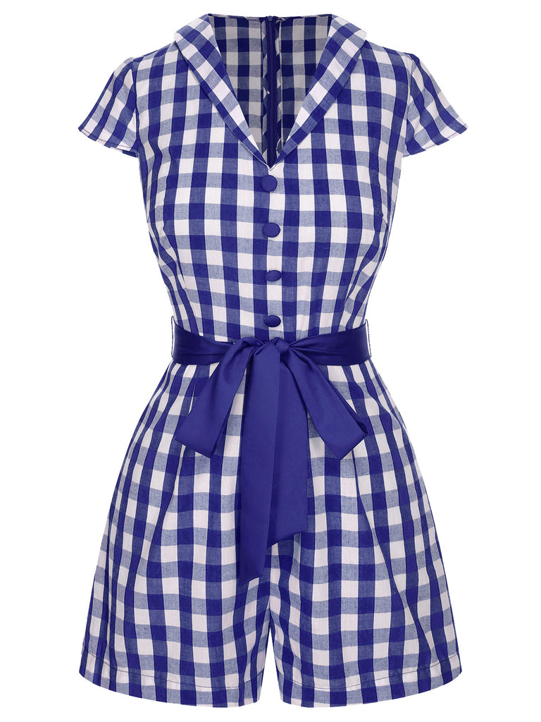 Blau 1940er Revers Plaids Romper mit Gürtel