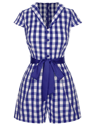 Blau 1940er Revers Plaids Romper mit Gürtel