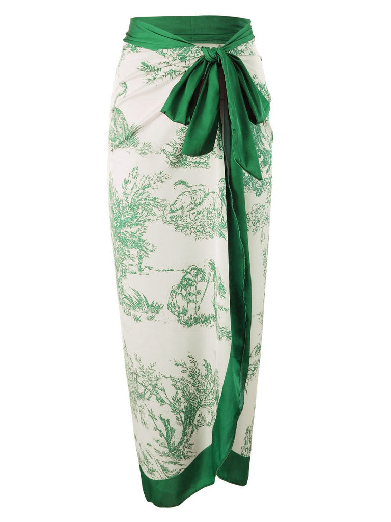 [Vorverkauf] Grün 1960er Tinte Blumen Patchwork Schnüren Cover-Up