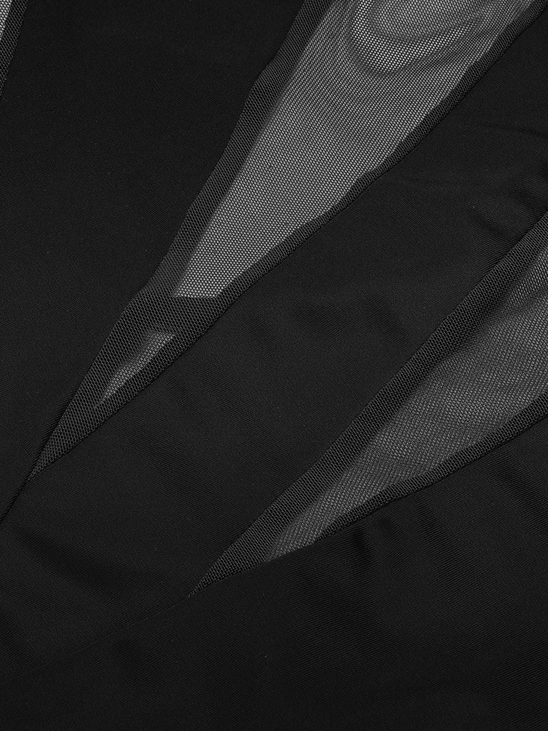 Schwarz 1950er Solide Halbtransparent Krawatte Hinten Badeanzug