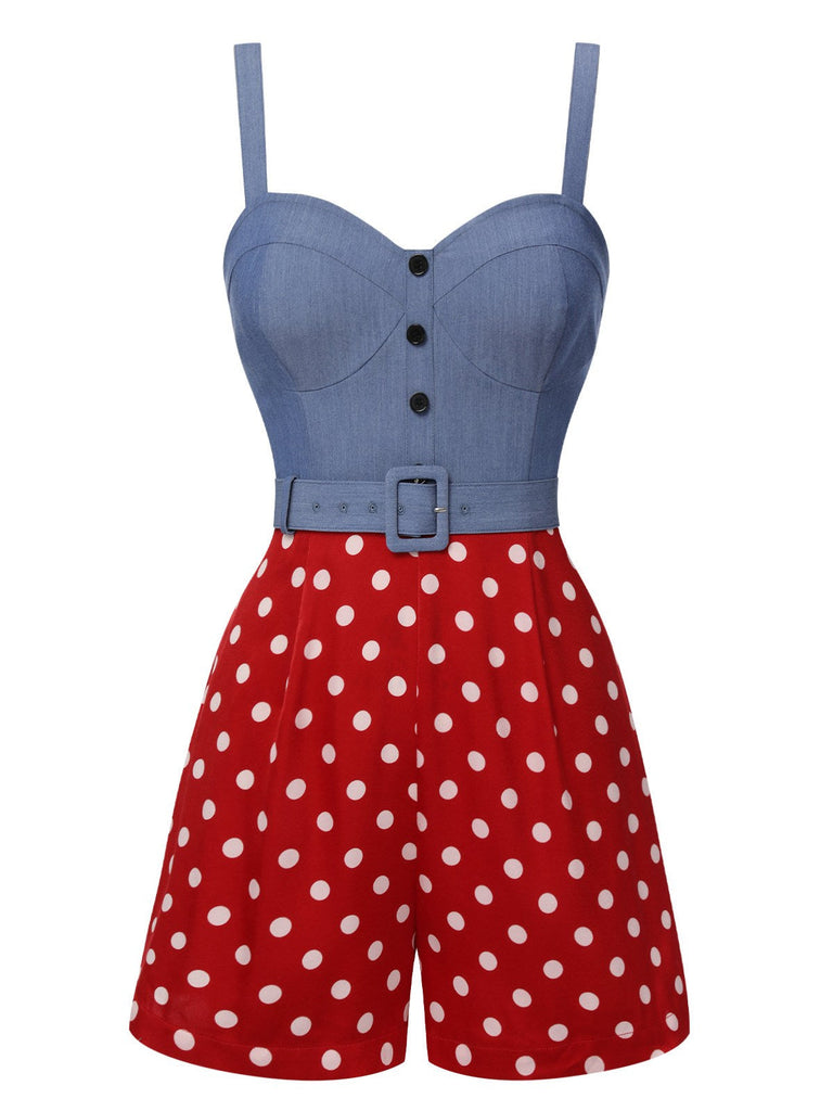 Blau 1960er Polka Dots Spaghetti Träger Romper