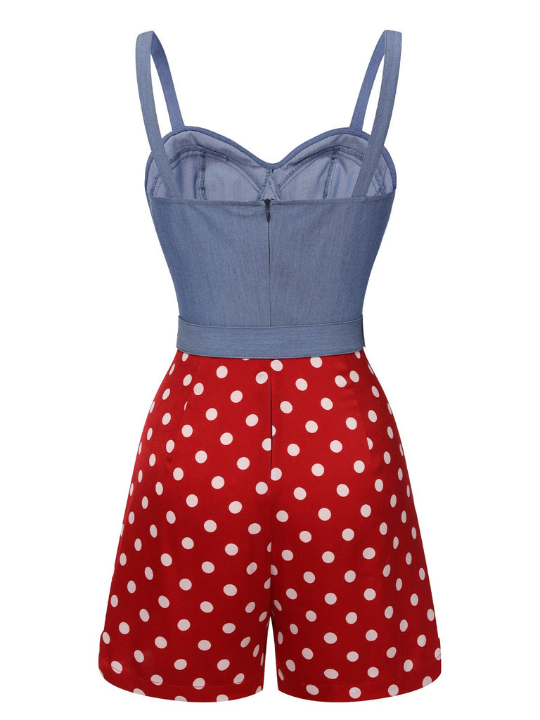 Blau 1960er Polka Dots Spaghetti Träger Romper