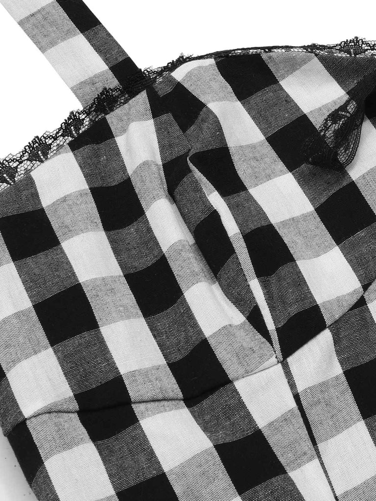 Schwarz 1950er Plaid Halter Spitze Bogen Top