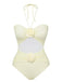 Beige 1930er 3D-Blumen Halter Einteiliger Badeanzug