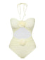 Beige 1930er 3D-Blumen Halter Einteiliger Badeanzug