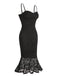 Schwarz 1930er Spitze Spaghetti Träger Meerjungfrau Kleid