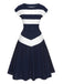 Dunkelblau 1940er U-Boot-Ausschnitt Streifen Kleid
