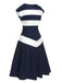 Dunkelblau 1940er U-Boot-Ausschnitt Streifen Kleid