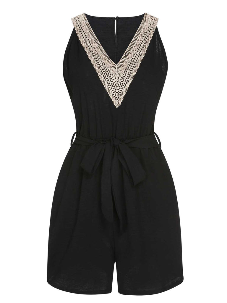 Schwarz 1960er V-Ausschnitt Gürtel Romper