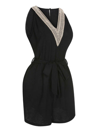 Schwarz 1960er V-Ausschnitt Gürtel Romper