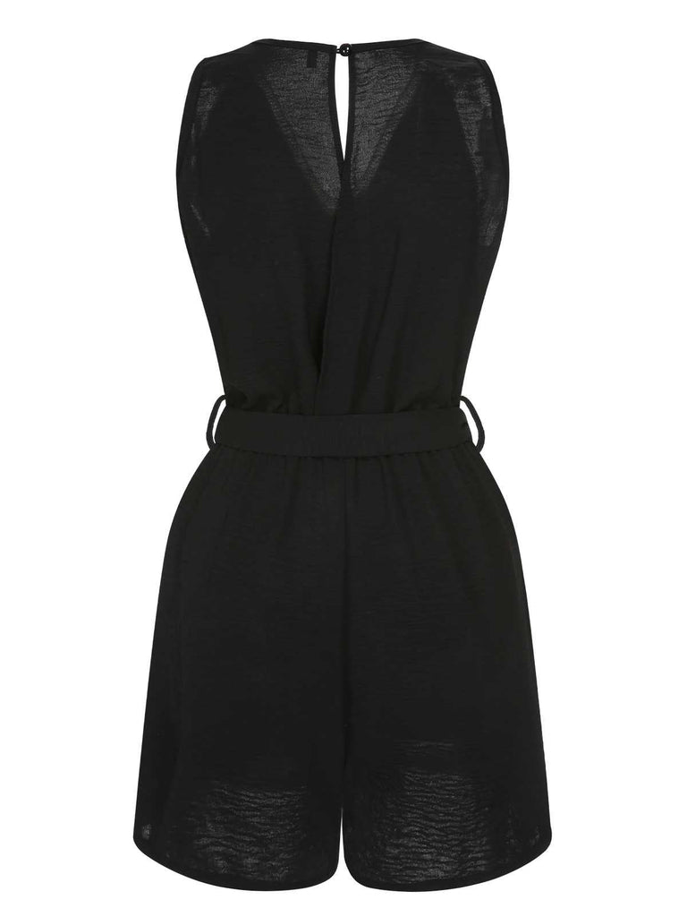 Schwarz 1960er V-Ausschnitt Gürtel Romper