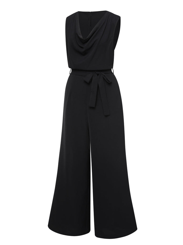 Schwarz 1930er Cowl Neck Solid Jumpsuit with Belt