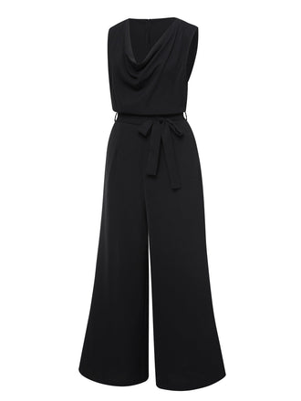 Schwarz 1930er Cowl Neck Solid Jumpsuit with Belt