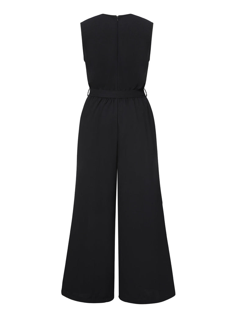 Schwarz 1930er Cowl Neck Solid Jumpsuit with Belt