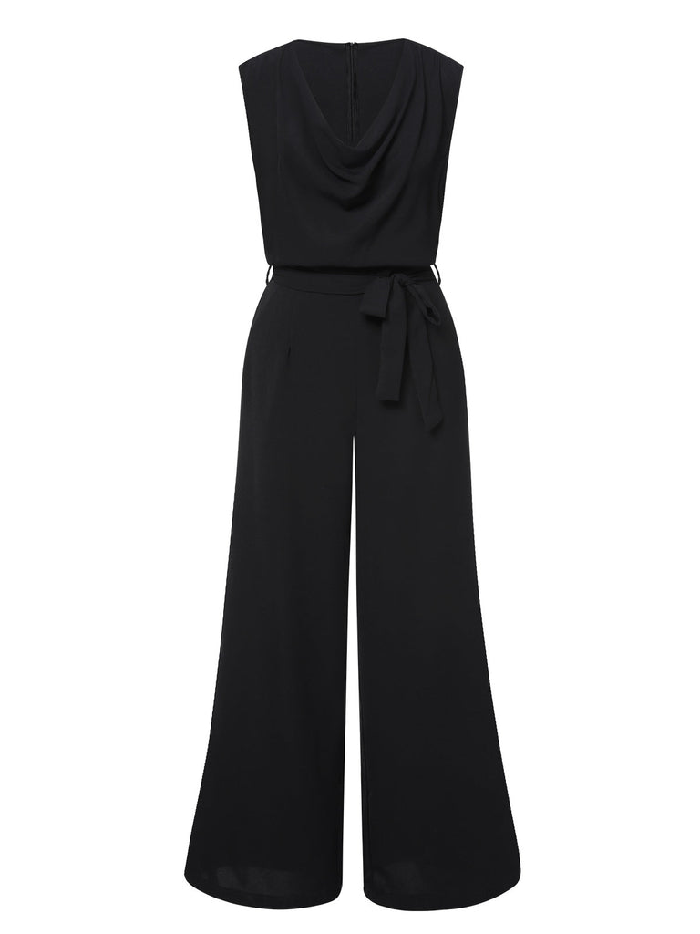 Schwarz 1930er Cowl Neck Solid Jumpsuit with Belt