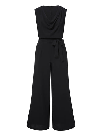 Schwarz 1930er Cowl Neck Solid Jumpsuit with Belt