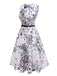 Weiß 1940er V-Ausschnitt Blumen Ärmelloses Kleid mit Gürtel