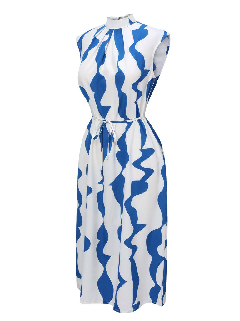 Blau & Weiß 1940er Curves Stehkragen Gürtel Kleid