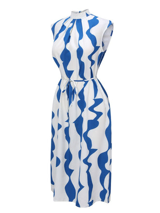 Blau & Weiß 1940er Curves Stehkragen Gürtel Kleid