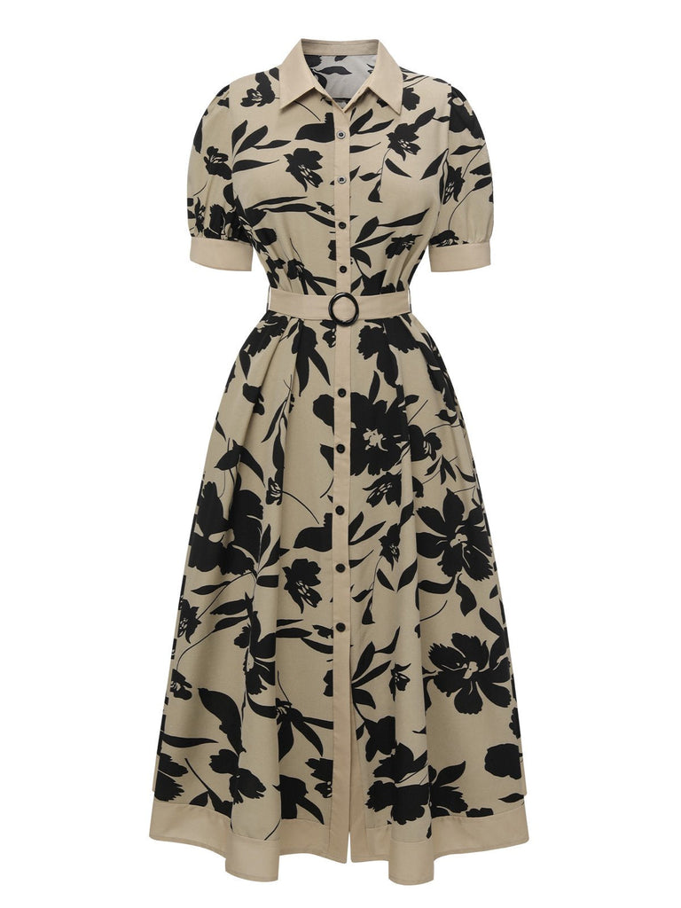 [Vorverkauf] Beige 1940er Hemdkragen Knöpfen Blumen Kleid