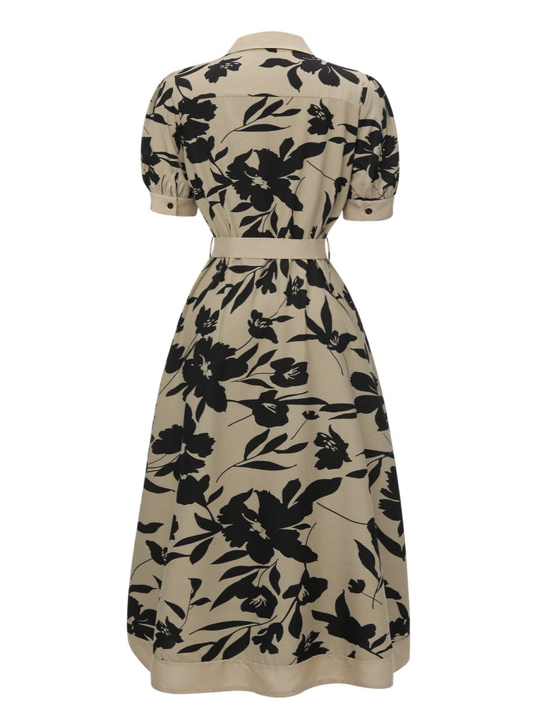 [Vorverkauf] Beige 1940er Hemdkragen Knöpfen Blumen Kleid