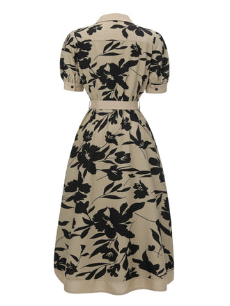 [Vorverkauf] Beige 1940er Hemdkragen Knöpfen Blumen Kleid