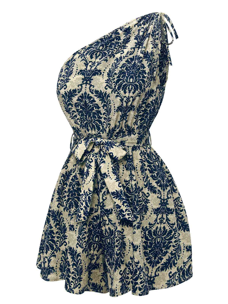 Blau 1950er Blumen Print Eine Schulter Romper