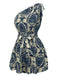 Blau 1950er Blumen Print Eine Schulter Romper