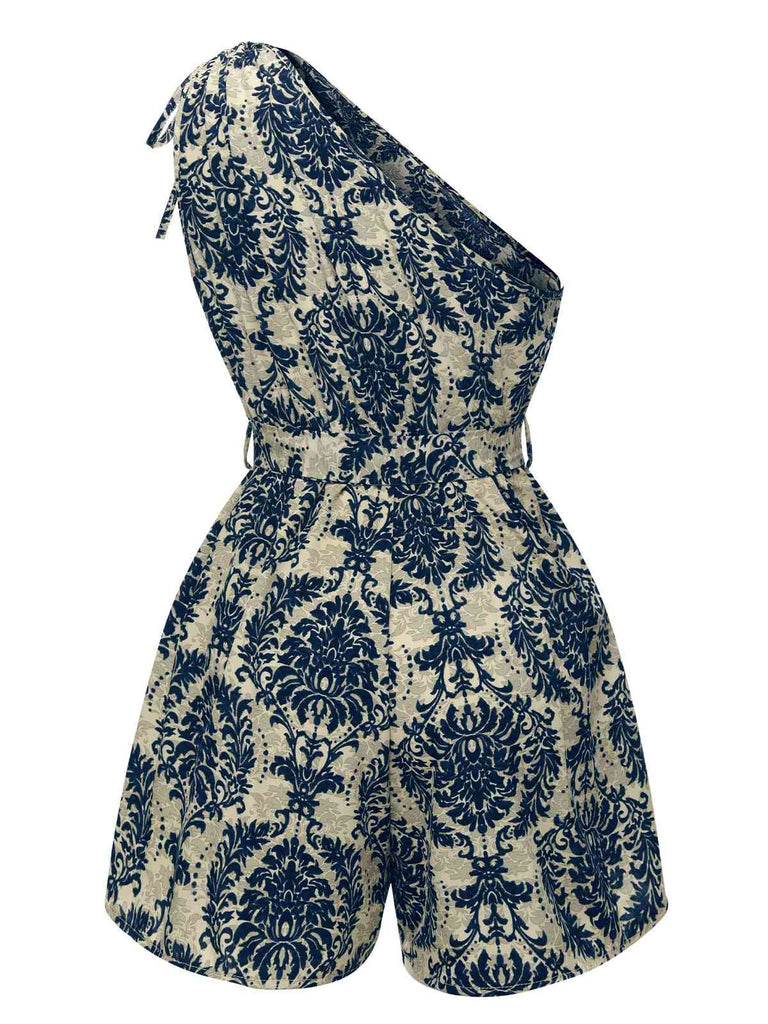 Blau 1950er Blumen Print Eine Schulter Romper