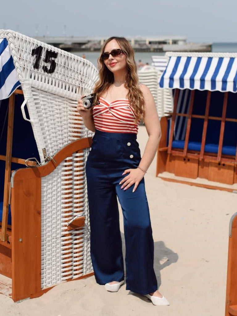 Dunkelblau 1930er Spaghetti Träger Streifen Jumpsuit