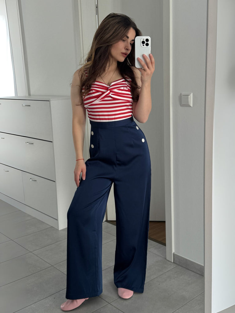 Dunkelblau 1930er Spaghetti Träger Streifen Jumpsuit