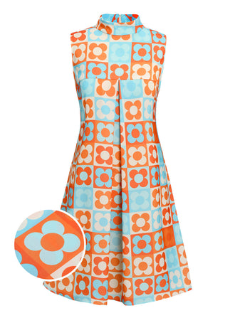 [Vorverkauf] Orange & Blau 1960er Blume Stehkragen Kleid