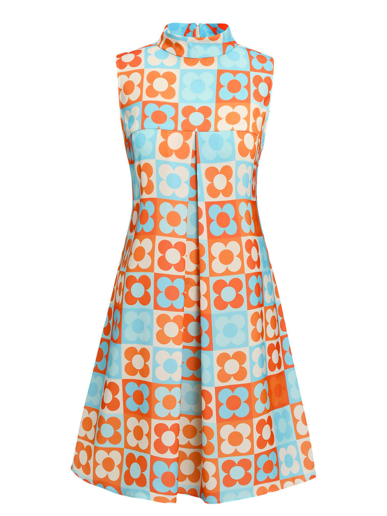 Blau 1960er Blume Stehkragen Kleid